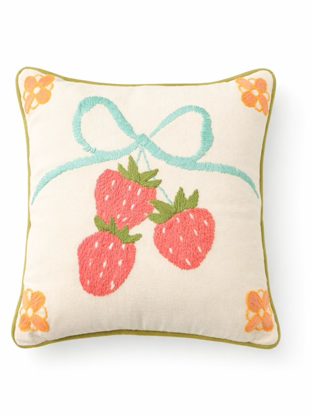 NWT!  Urban Outfitters Adorable Embroidered Strawberry Accent Pillow 12x12 - Picture 2 of 6